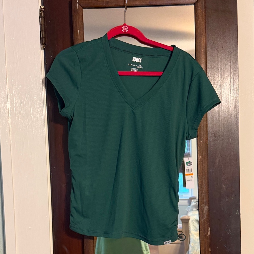 DKNY Women's Dark Green V-Neck Short Sleeve Top